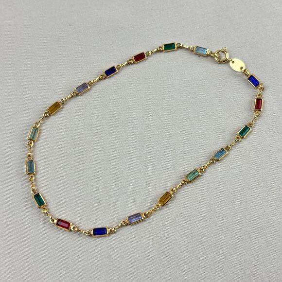 18k Gold Filled Colorful Cubic Zirconia Bezel 10" Chain Anklet - Picture 8 of 9
